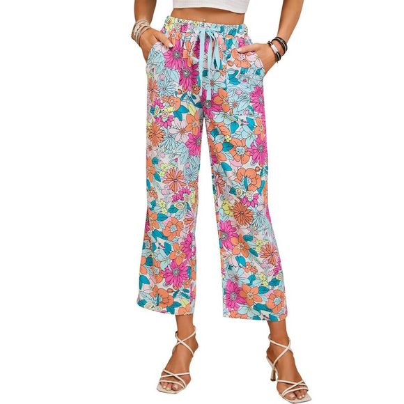 Azura Exchange  Multicolor Flower Print Pocketed Drawstring Waist Wide Leg Pants - Picture 6 of 7